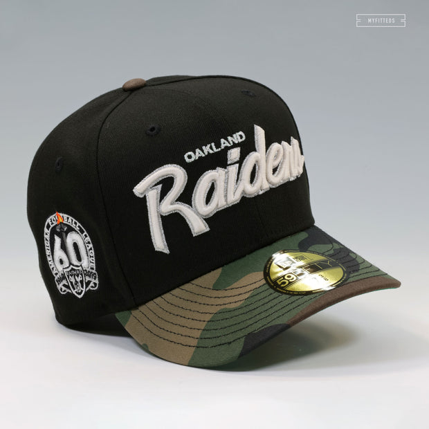 OAKLAND RAIDERS 60TH ANNIVERSARY RETRO SCRIPT GITD WOODLAND CAMO NEW ERA FITTED CAP