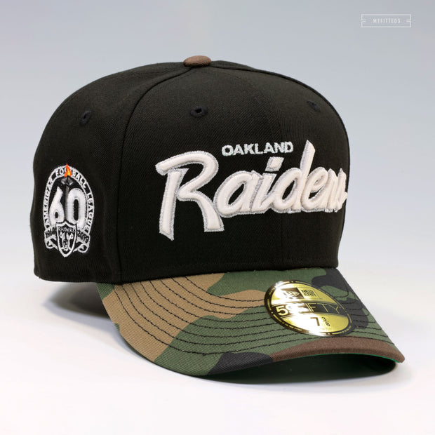 OAKLAND RAIDERS 60TH ANNIVERSARY RETRO SCRIPT GITD WOODLAND CAMO NEW ERA FITTED CAP