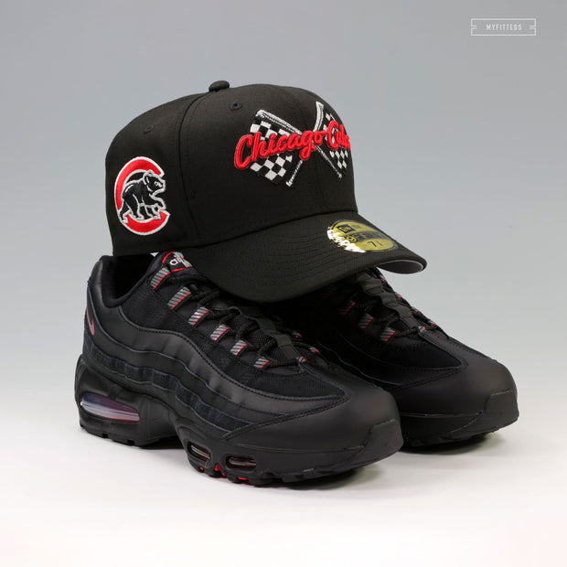 CHICAGO CUBS SPEEDWAY CLASSIC JET BLACK SCARLET AIR MAX 95 INSPIRED NEW ERA FITETD CAP