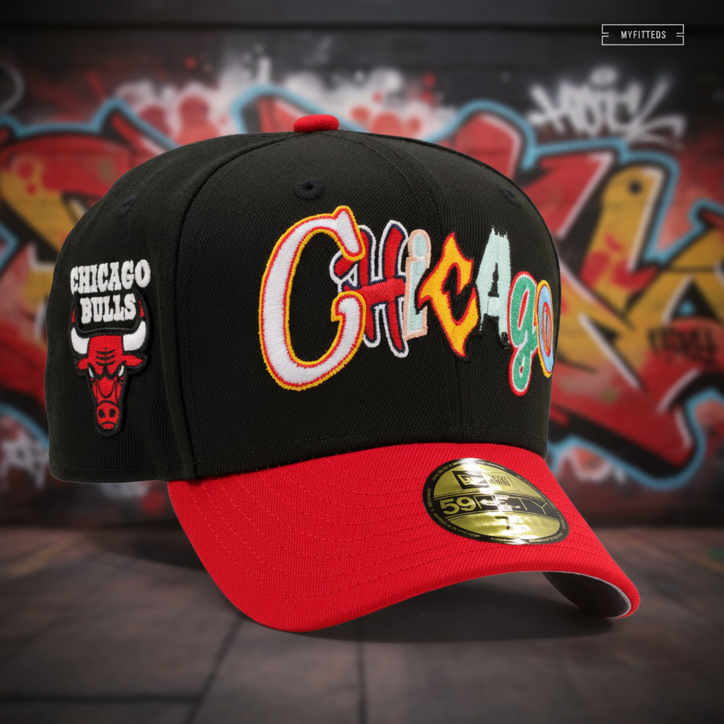 CHICAGO BULLS GRAFFITI 2 TONE JET BLACK SCARLET NEW ERA FITTED CAP