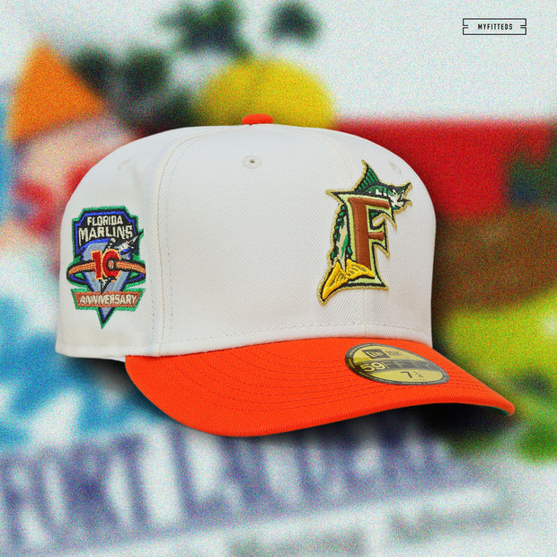 FLORIDA MARLINS 10TH ANNIVERSARY "OFF WHITE / DARK SOLAR FLARE " NEW ERA HAT